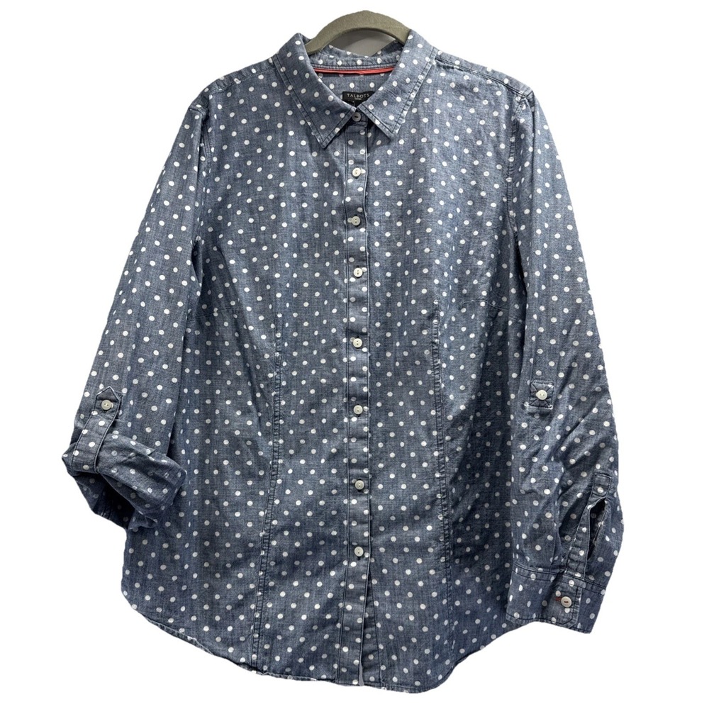 Talbots Women's Top Size 14W Denim Blue White Polka Dots Long Roll Tab Sleeves